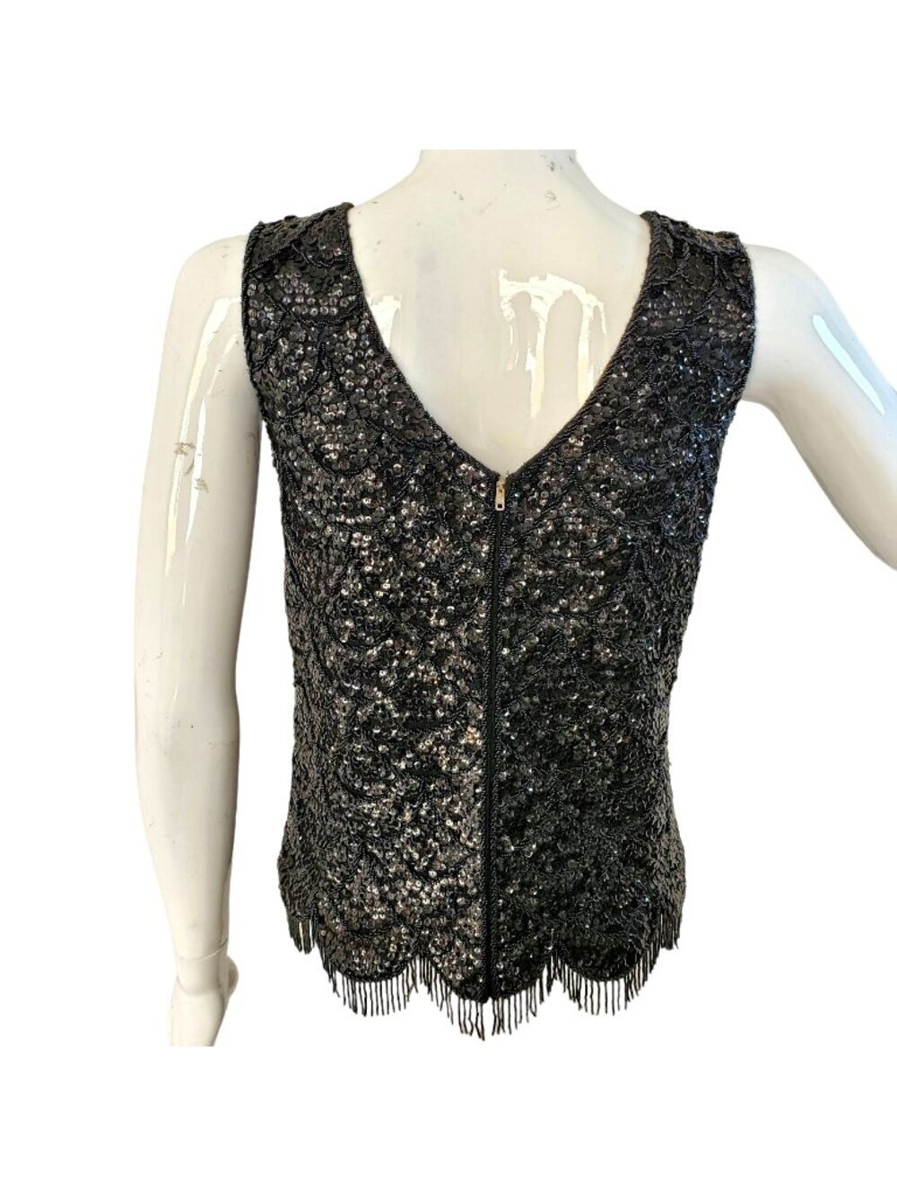 Vintage Black Beaded Sequin Evening Top Sz S Scallop Fringe Hem Gatsby Cocktail